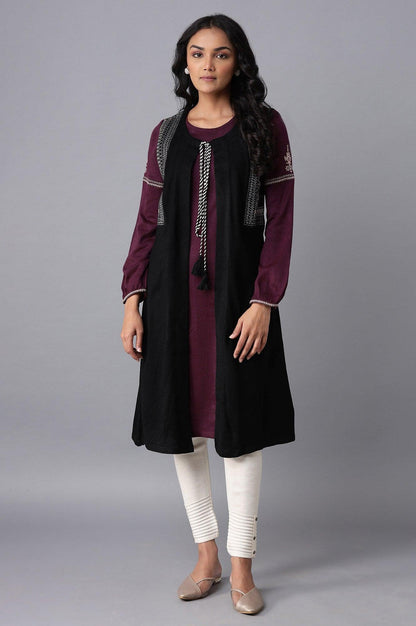 Jet Black and Purple Mock Layer Winter kurta - wforwoman