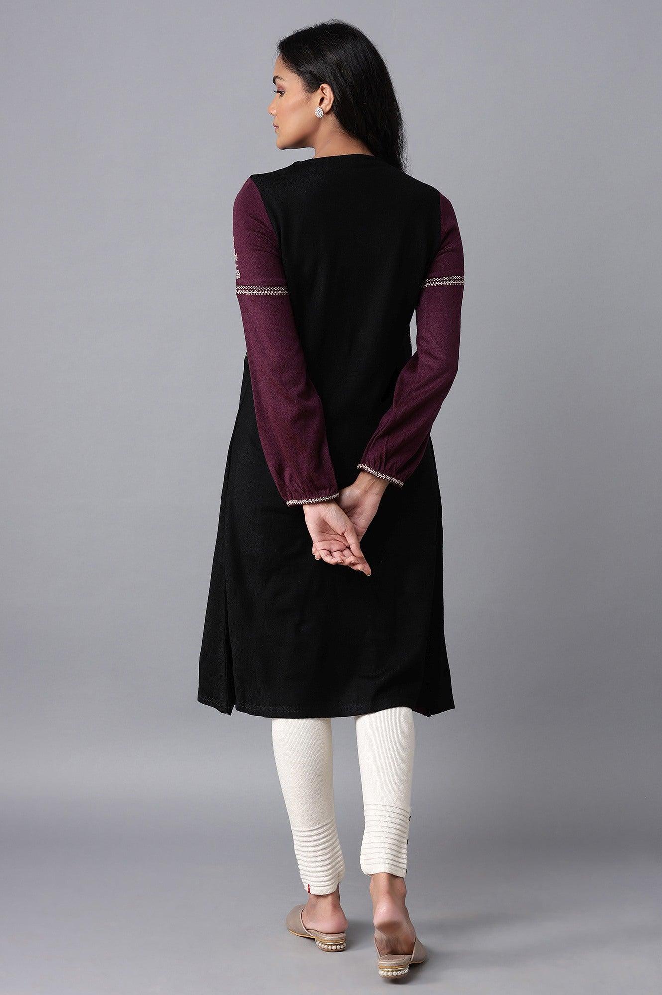 Jet Black and Purple Mock Layer Winter kurta - wforwoman