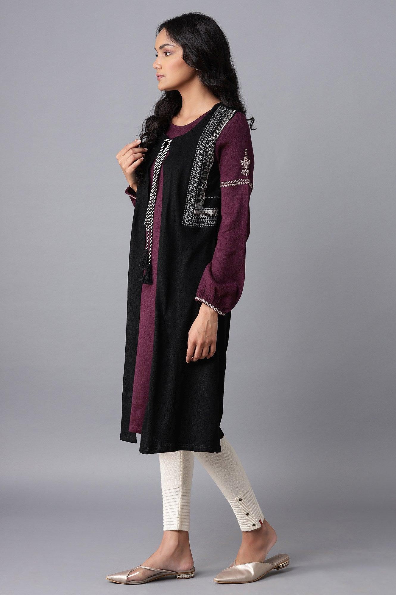 Jet Black and Purple Mock Layer Winter kurta - wforwoman