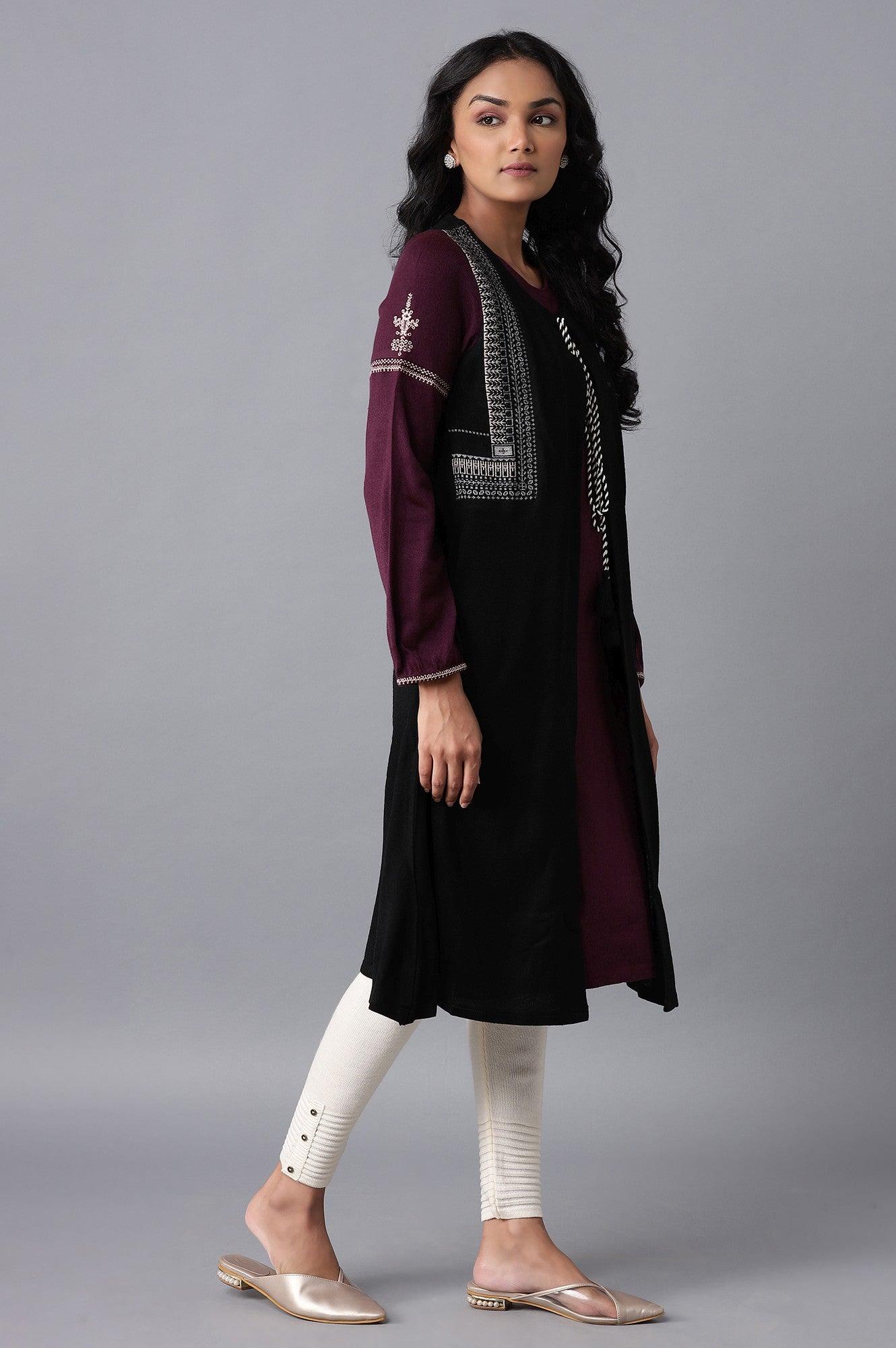 Jet Black and Purple Mock Layer Winter kurta - wforwoman