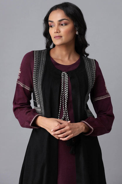 Jet Black and Purple Mock Layer Winter kurta - wforwoman