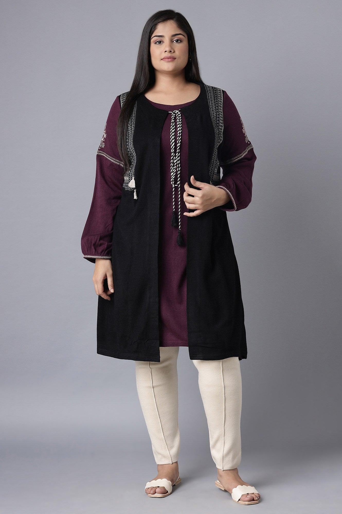 Jet Black and Purple Mock Layer Winter kurta - wforwoman