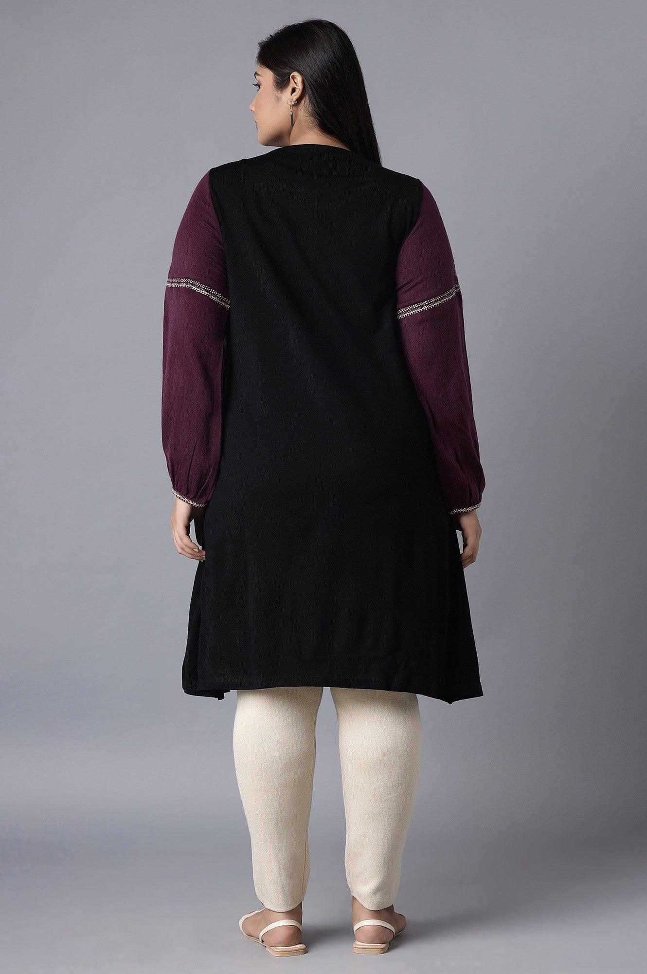 Jet Black and Purple Mock Layer Winter kurta - wforwoman