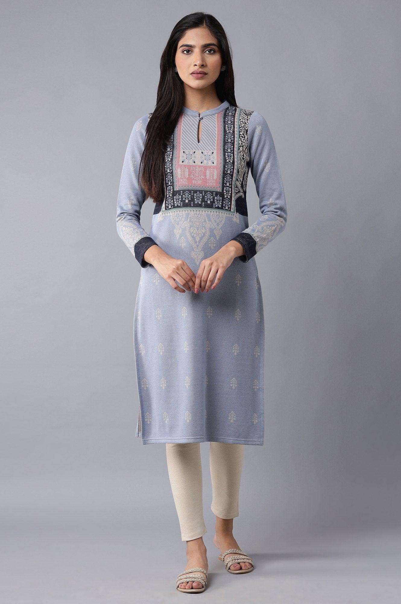 Blue Jacquard Winter kurta - wforwoman