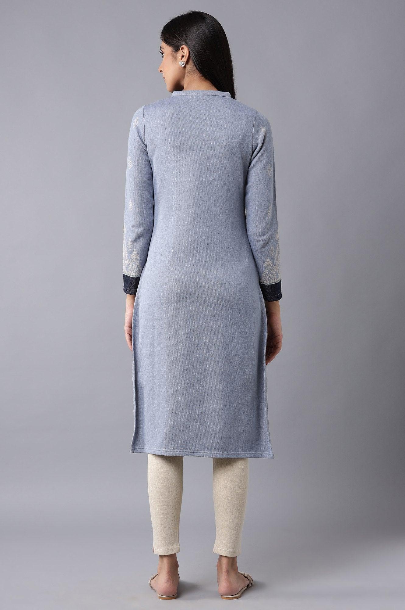 Blue Jacquard Winter kurta - wforwoman