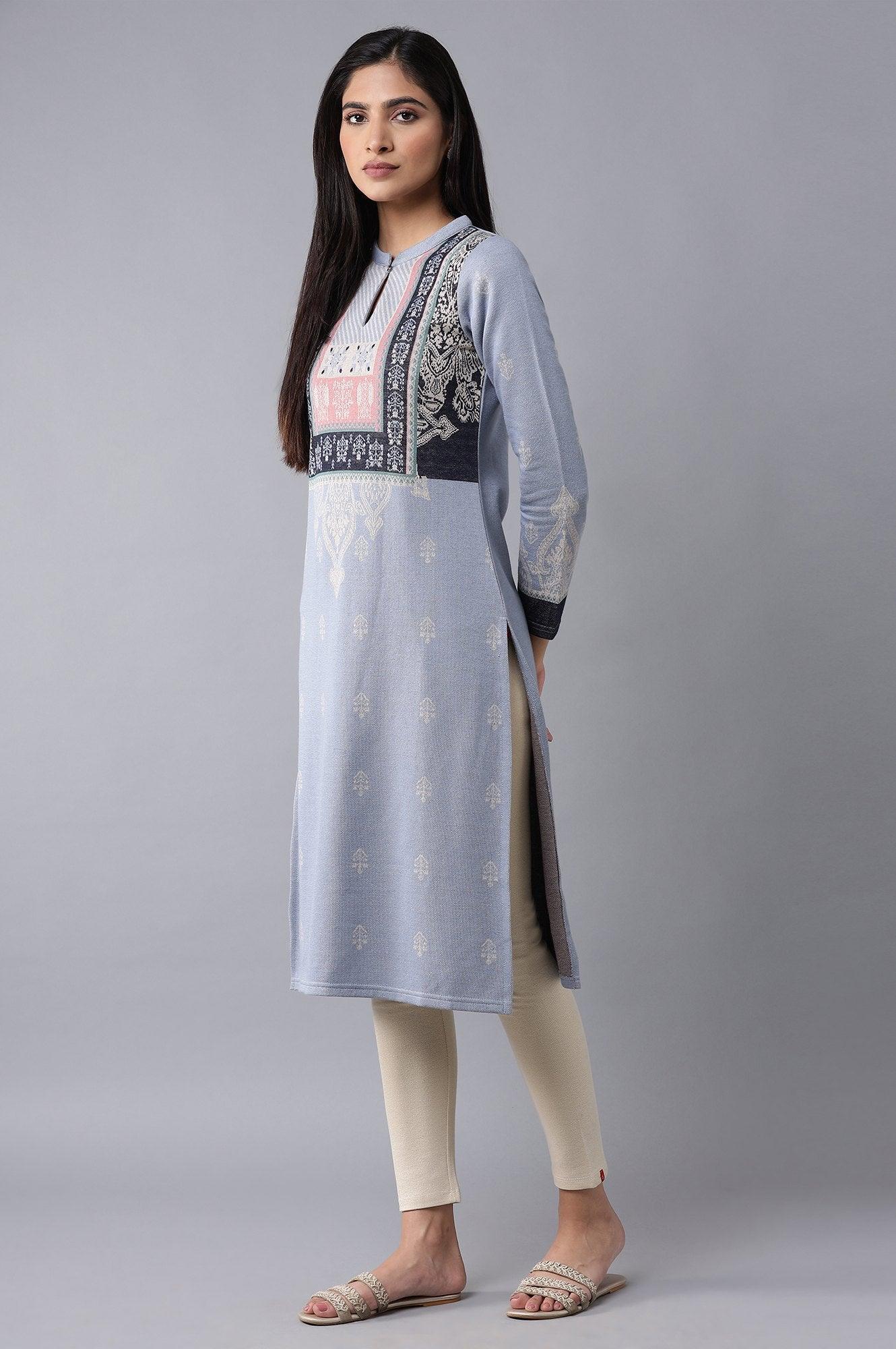 Blue Jacquard Winter kurta - wforwoman