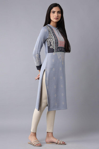 Blue Jacquard Winter kurta - wforwoman