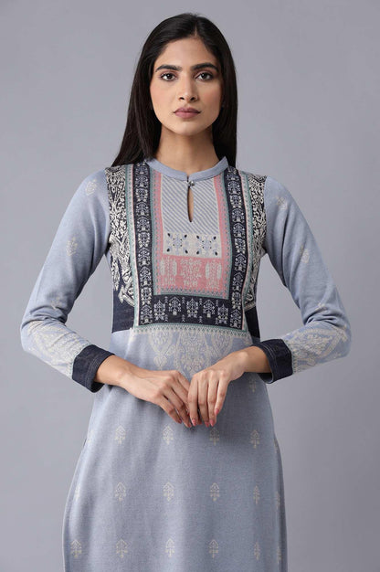 Blue Jacquard Winter kurta - wforwoman