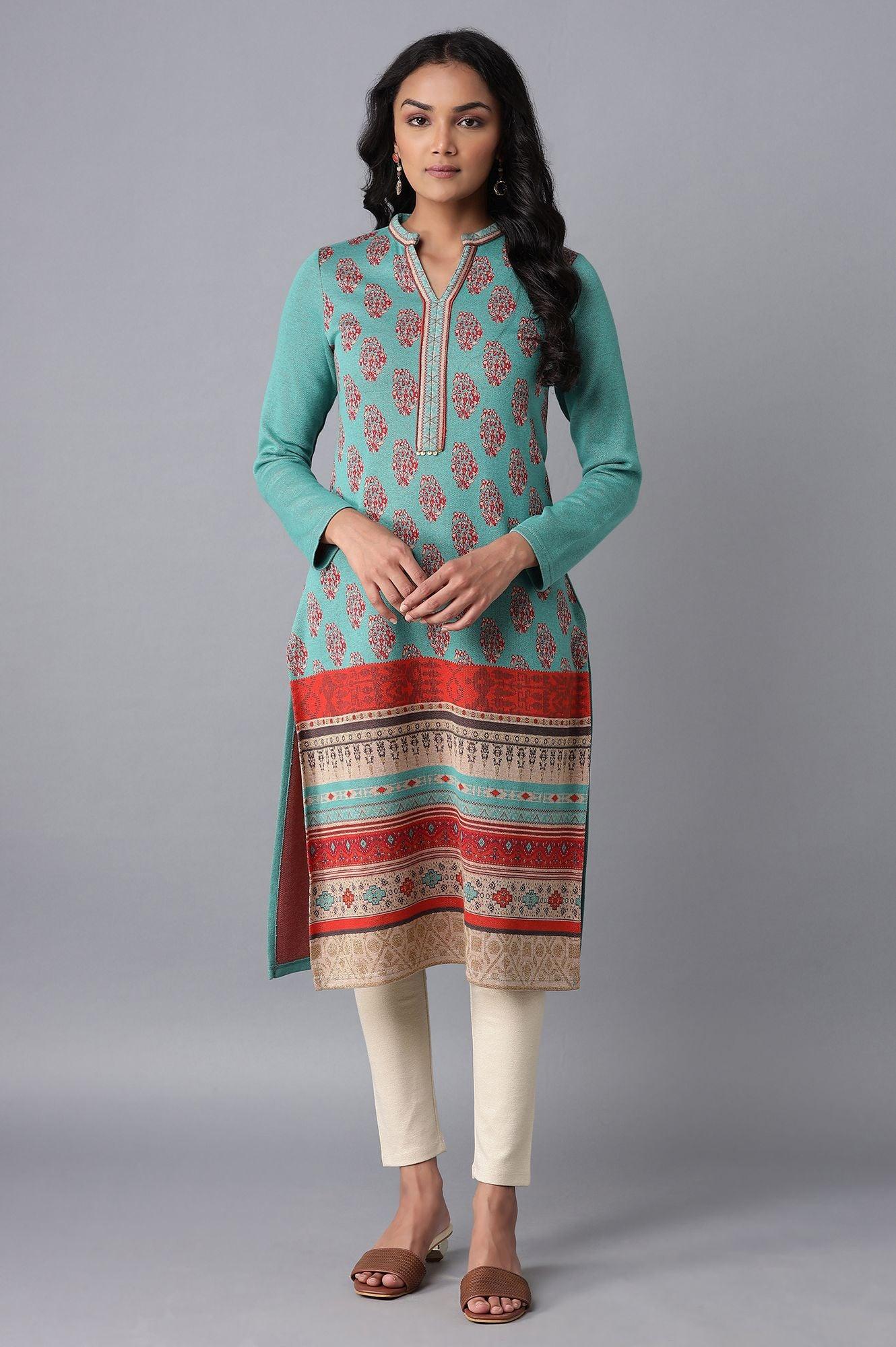 Dark Green Winter Jacquard kurta - wforwoman