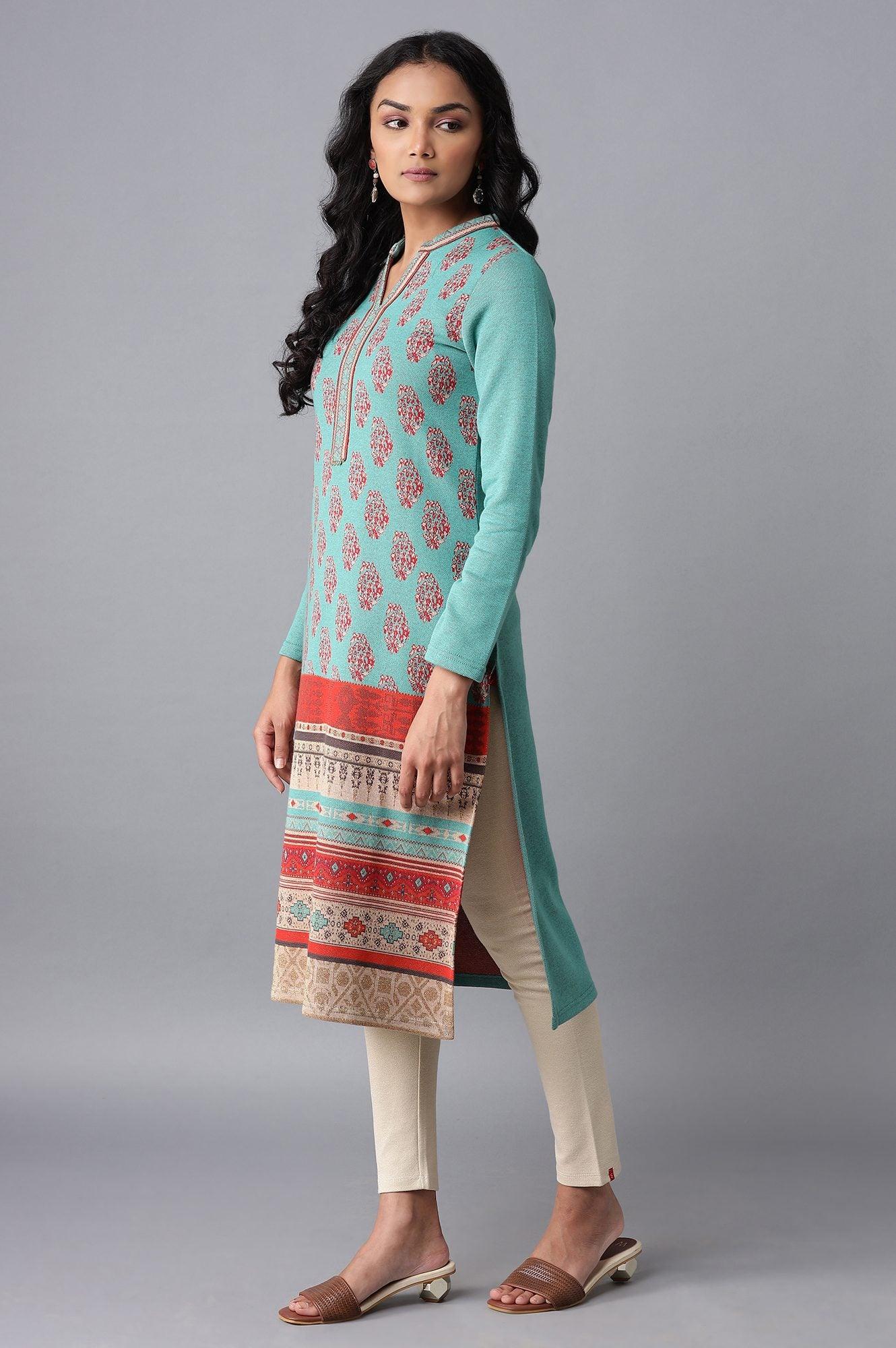 Dark Green Winter Jacquard kurta - wforwoman