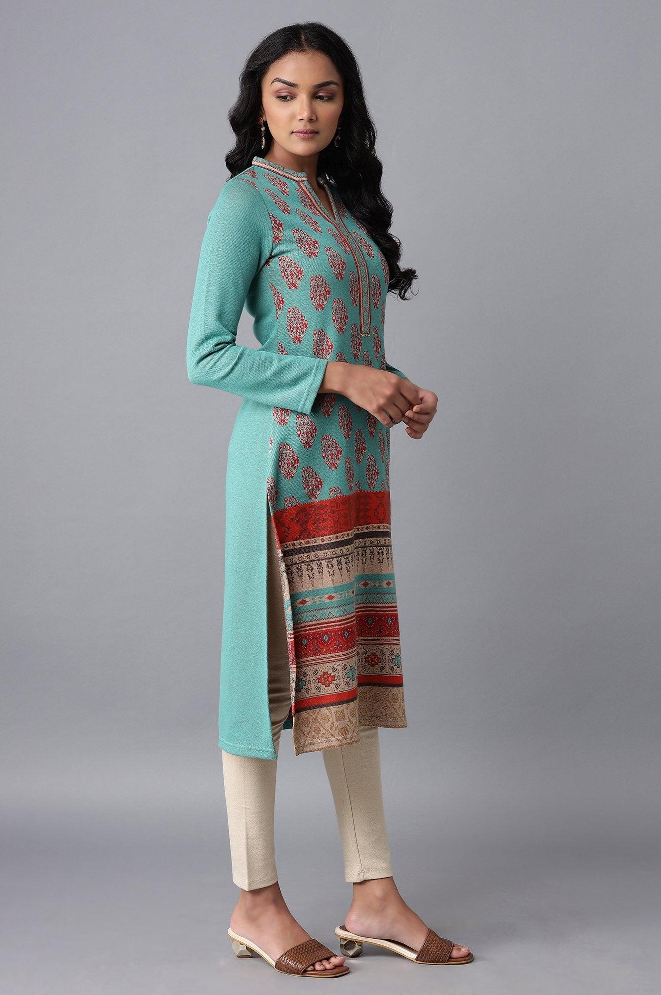 Dark Green Winter Jacquard kurta - wforwoman