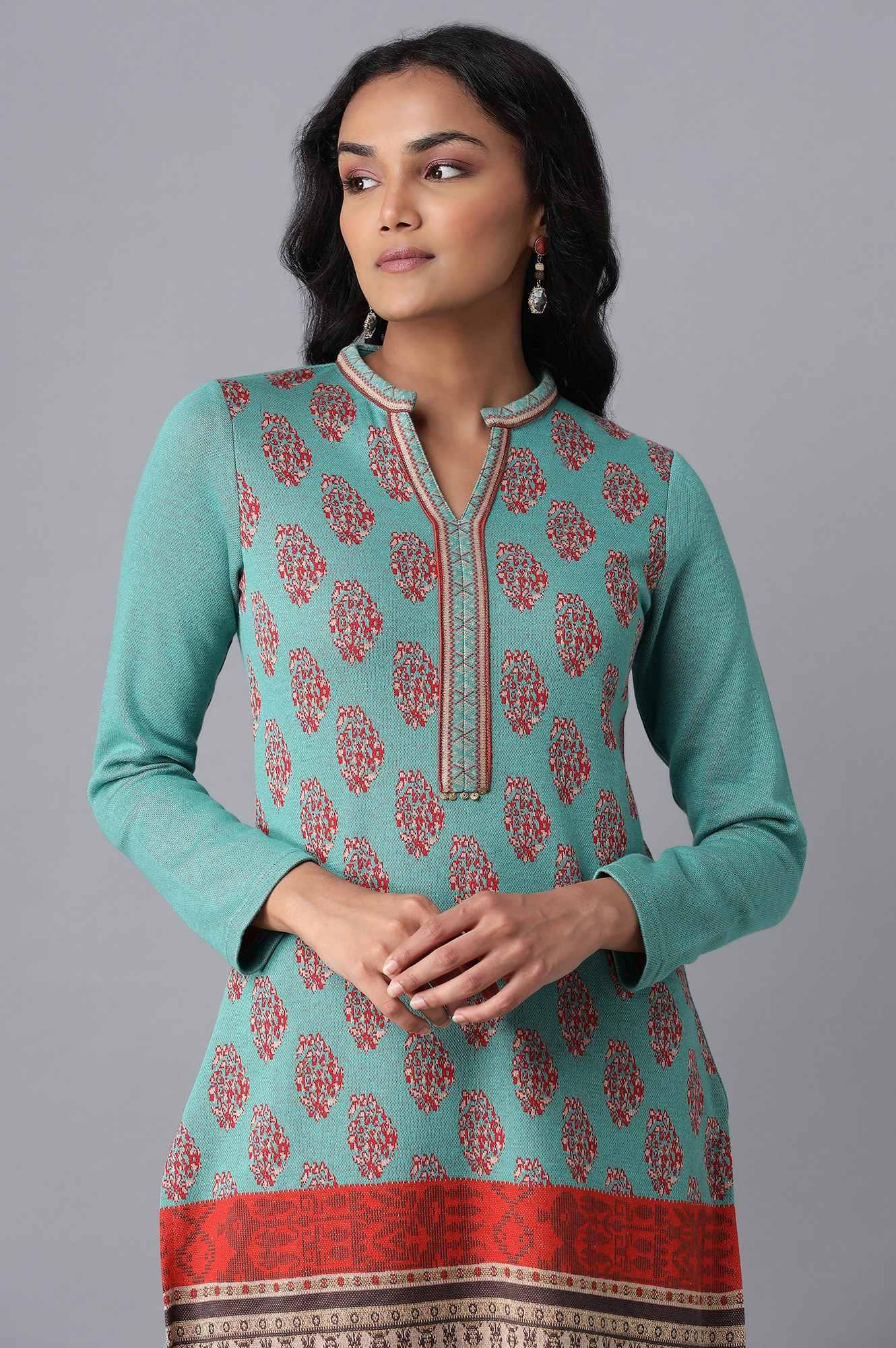 Dark Green Winter Jacquard kurta - wforwoman