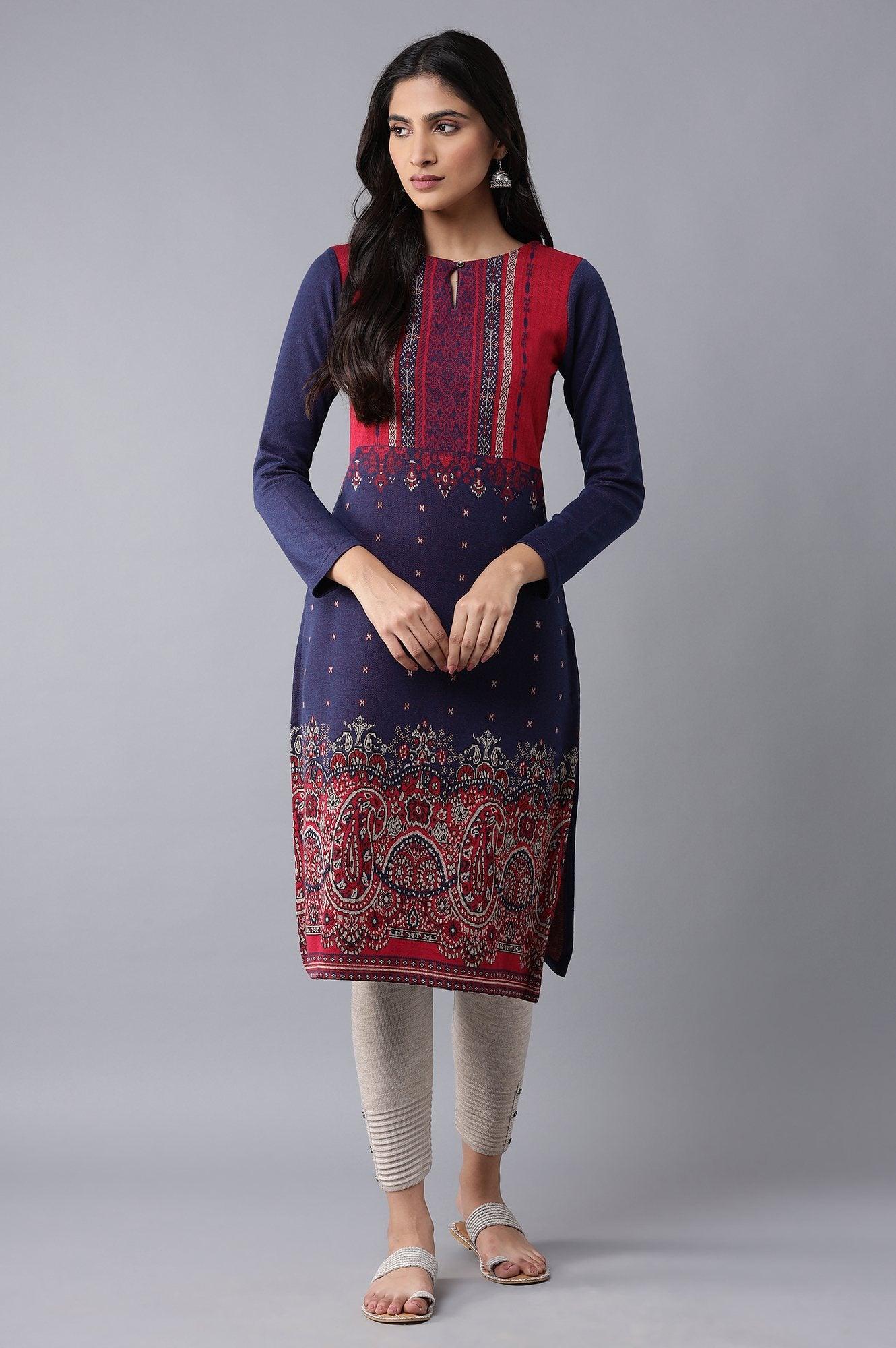 Dark Blue Winter Jacquard kurta - wforwoman