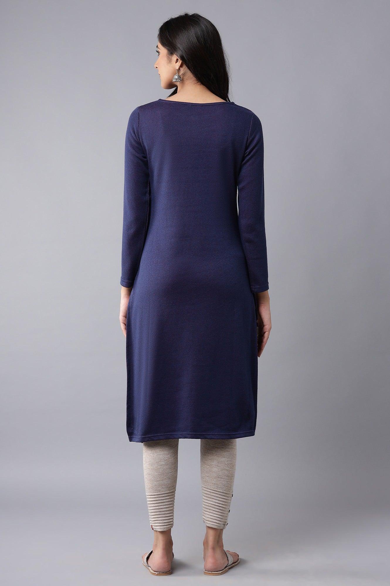 Dark Blue Winter Jacquard kurta - wforwoman