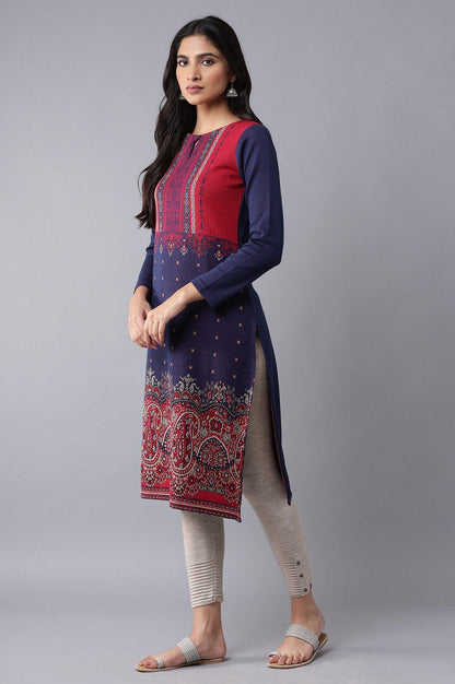 Dark Blue Winter Jacquard kurta - wforwoman