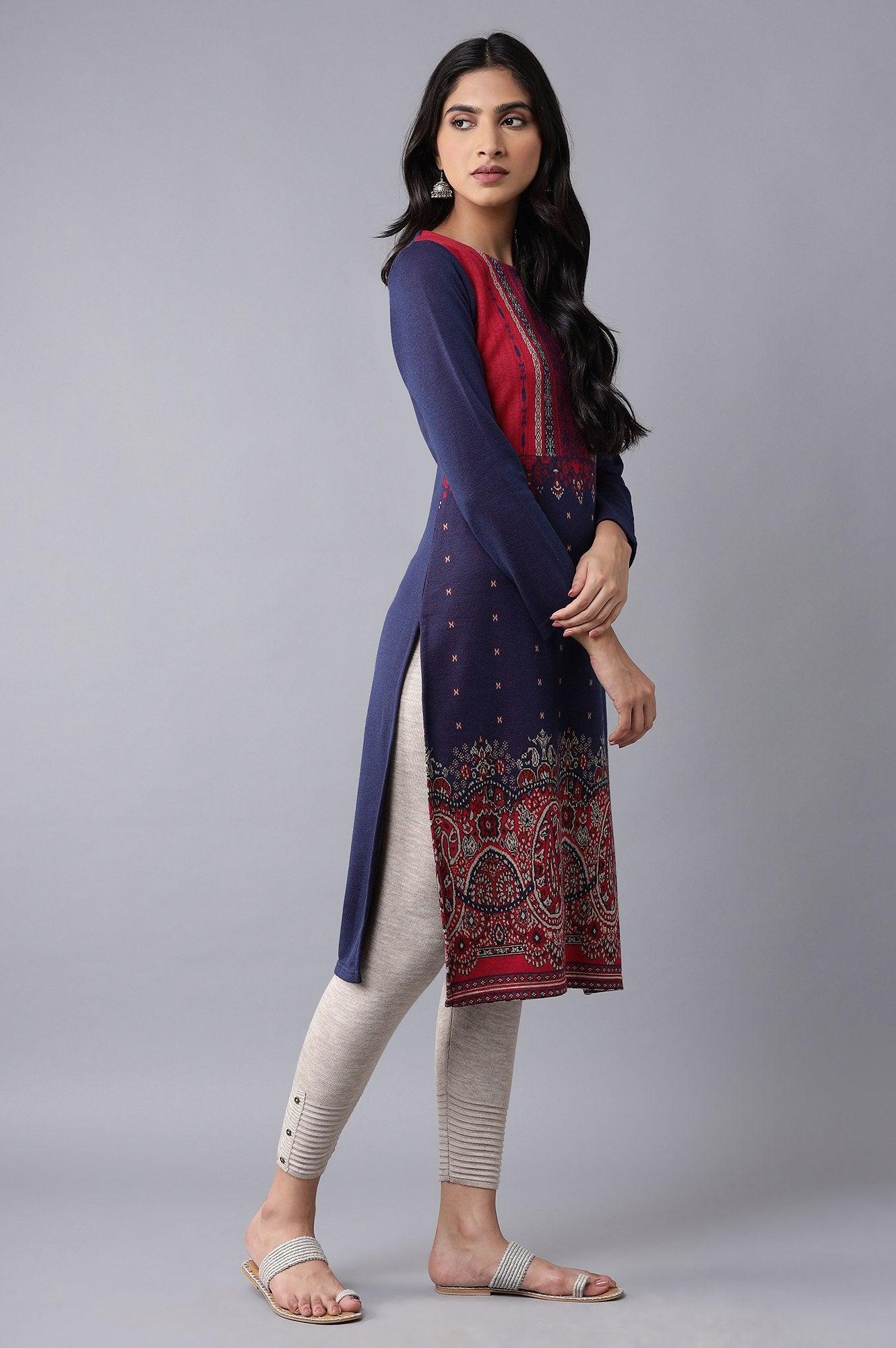 Dark Blue Winter Jacquard kurta - wforwoman