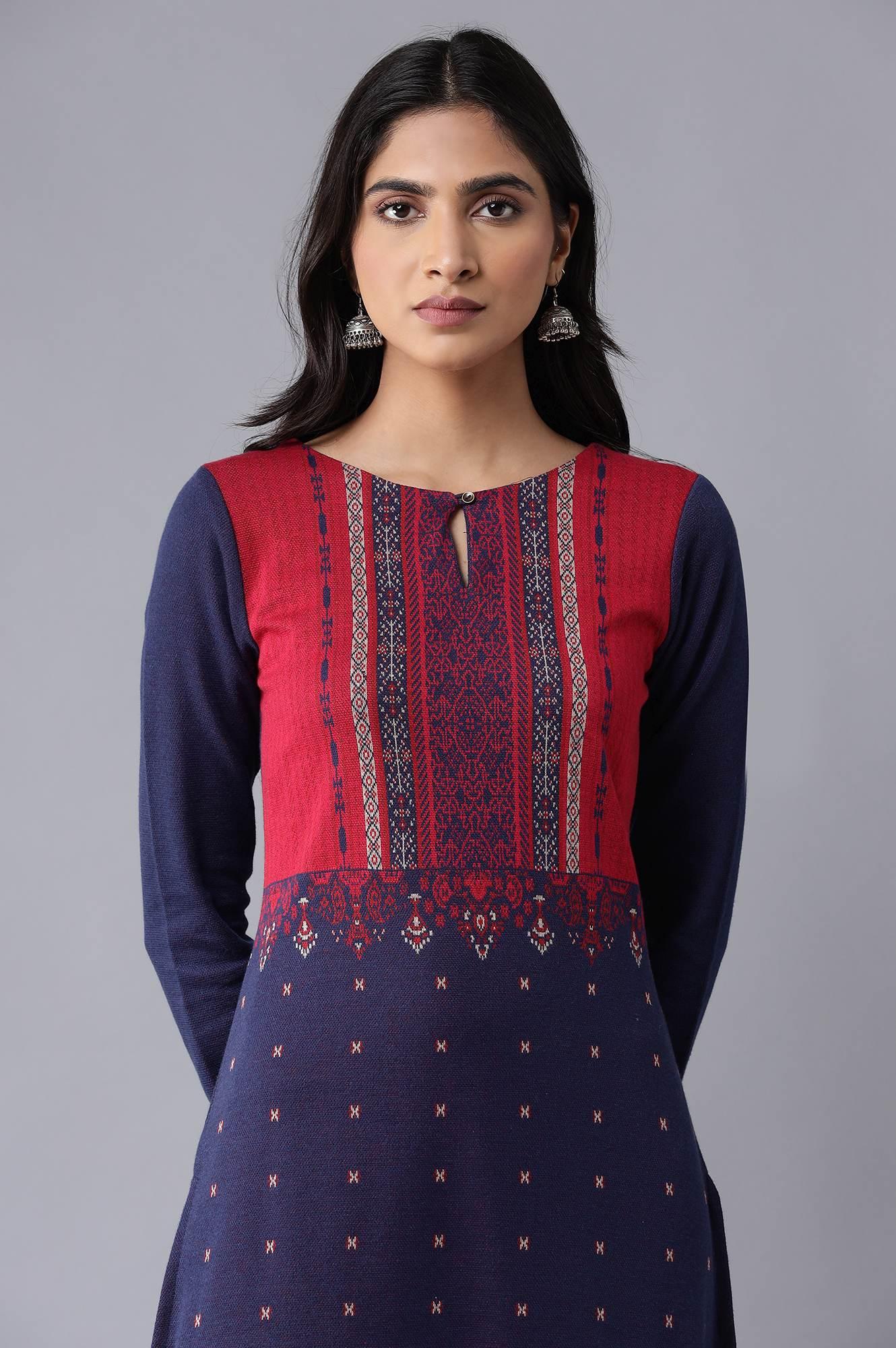 Dark Blue Winter Jacquard kurta - wforwoman