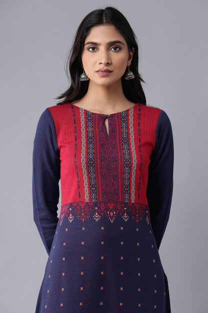 Dark Blue Winter Jacquard kurta - wforwoman