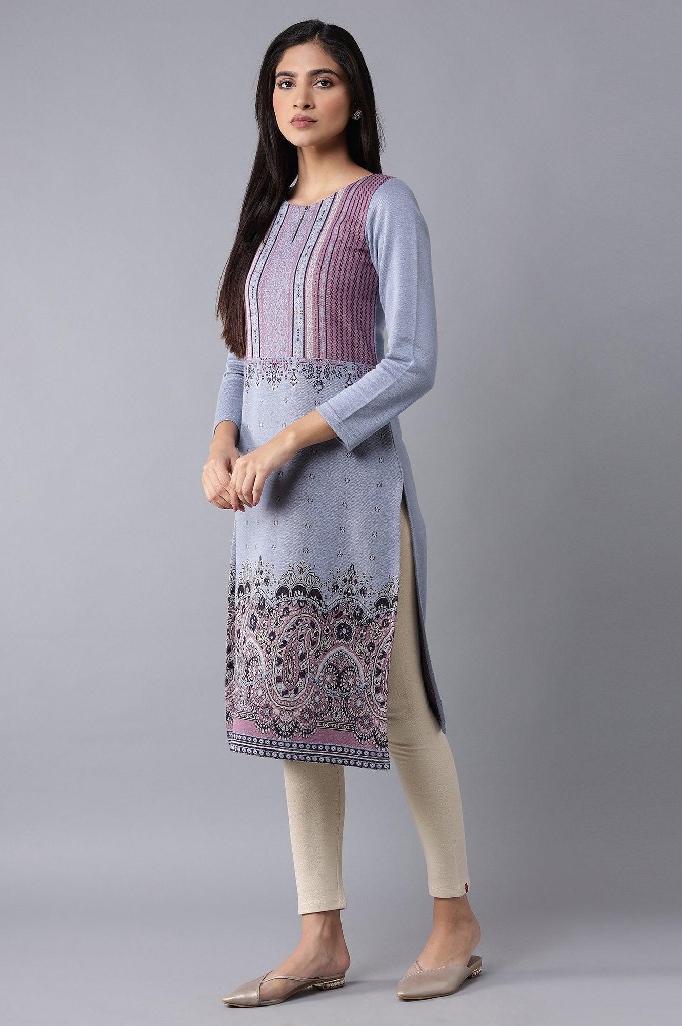 Light Blue Winter Jacquard kurta - wforwoman