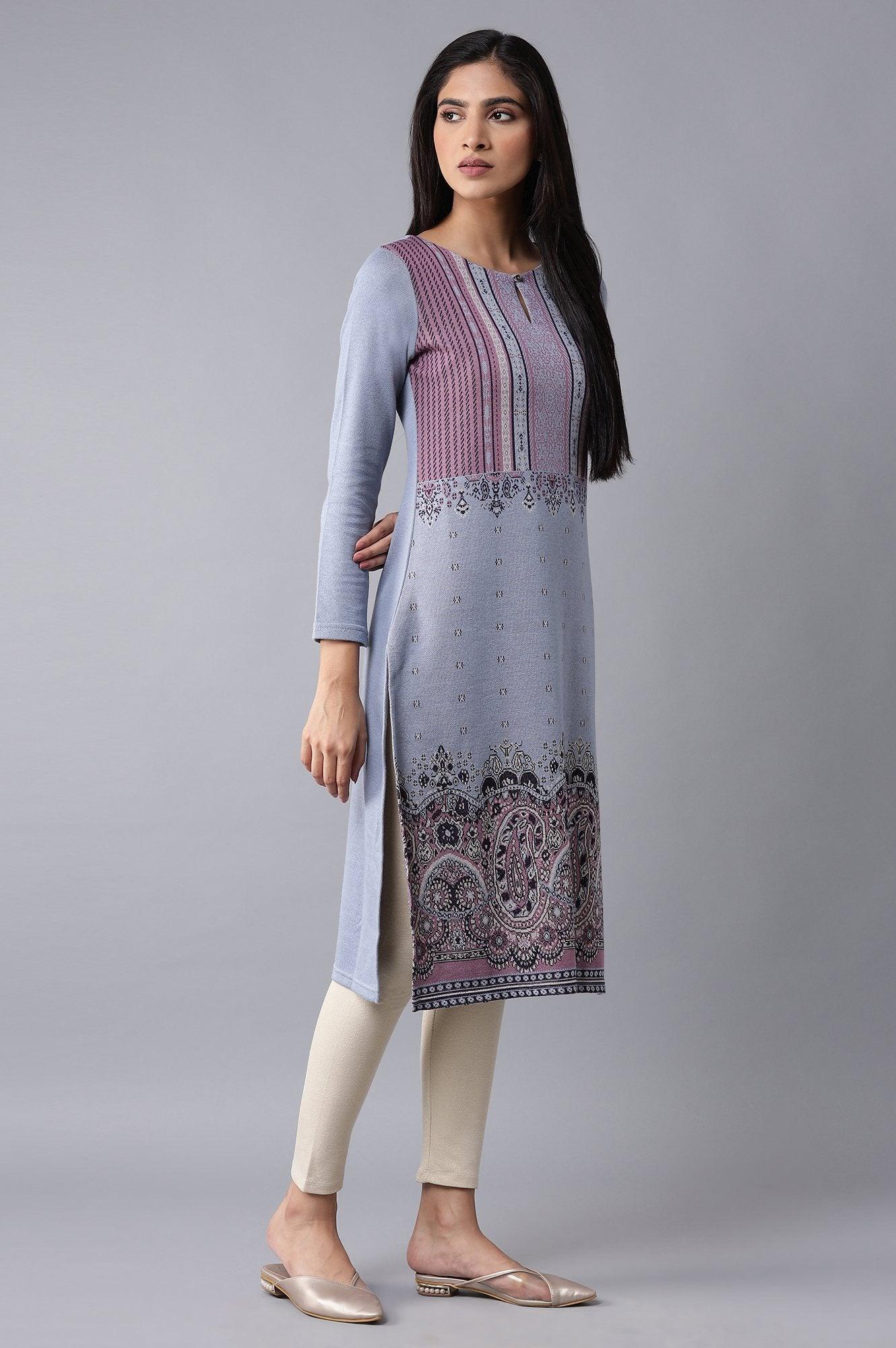 Light Blue Winter Jacquard kurta - wforwoman