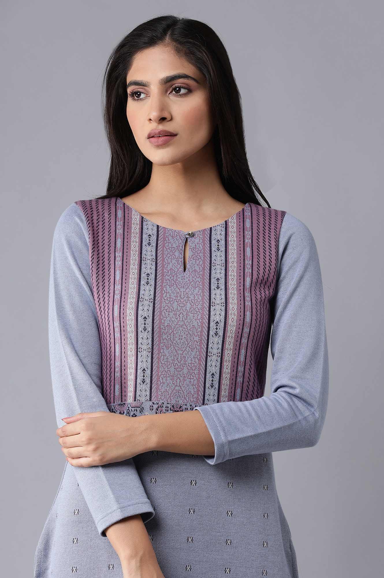 Light Blue Winter Jacquard kurta - wforwoman