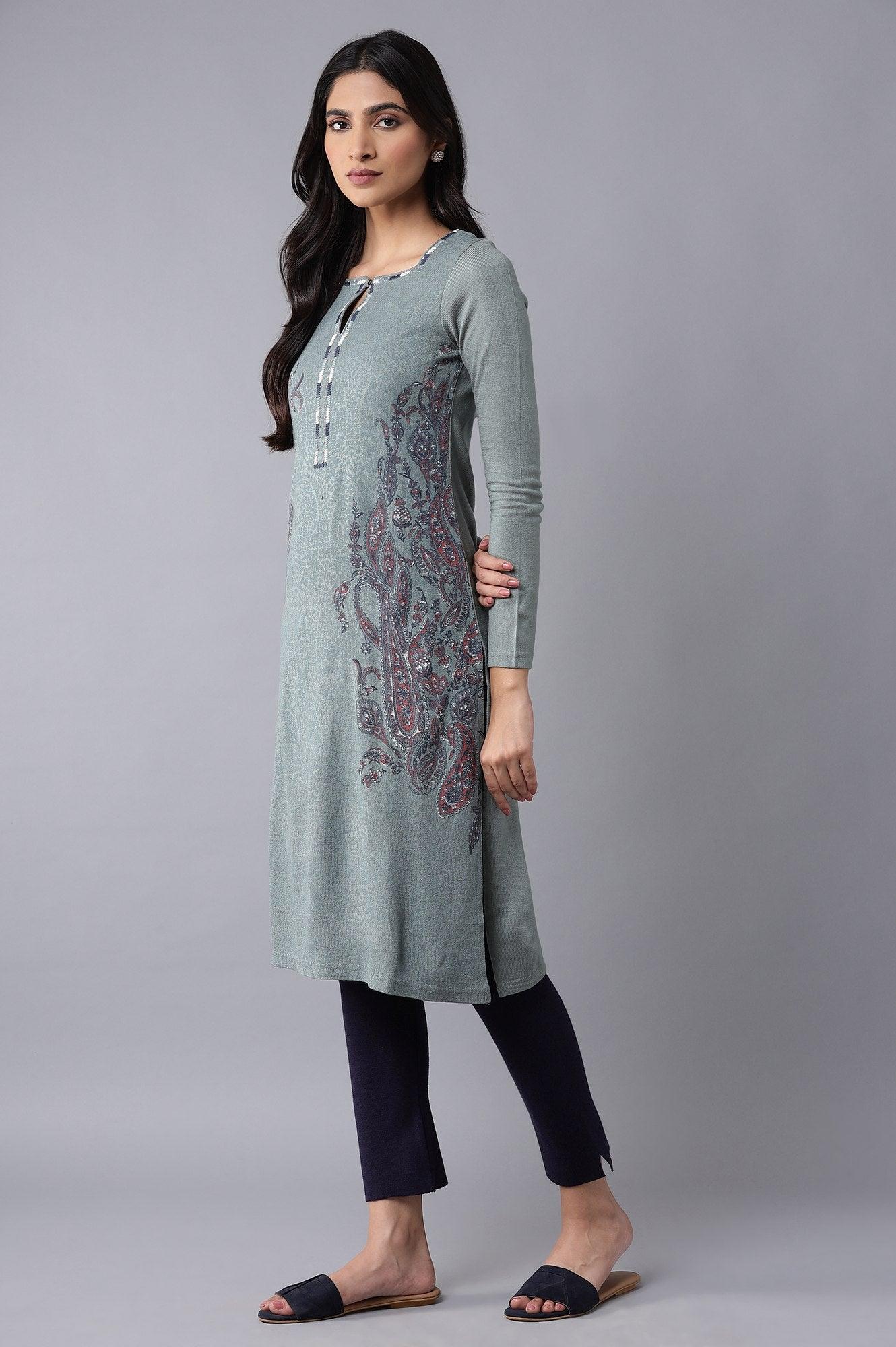 Light Blue Embroidered A-line kurta - wforwoman