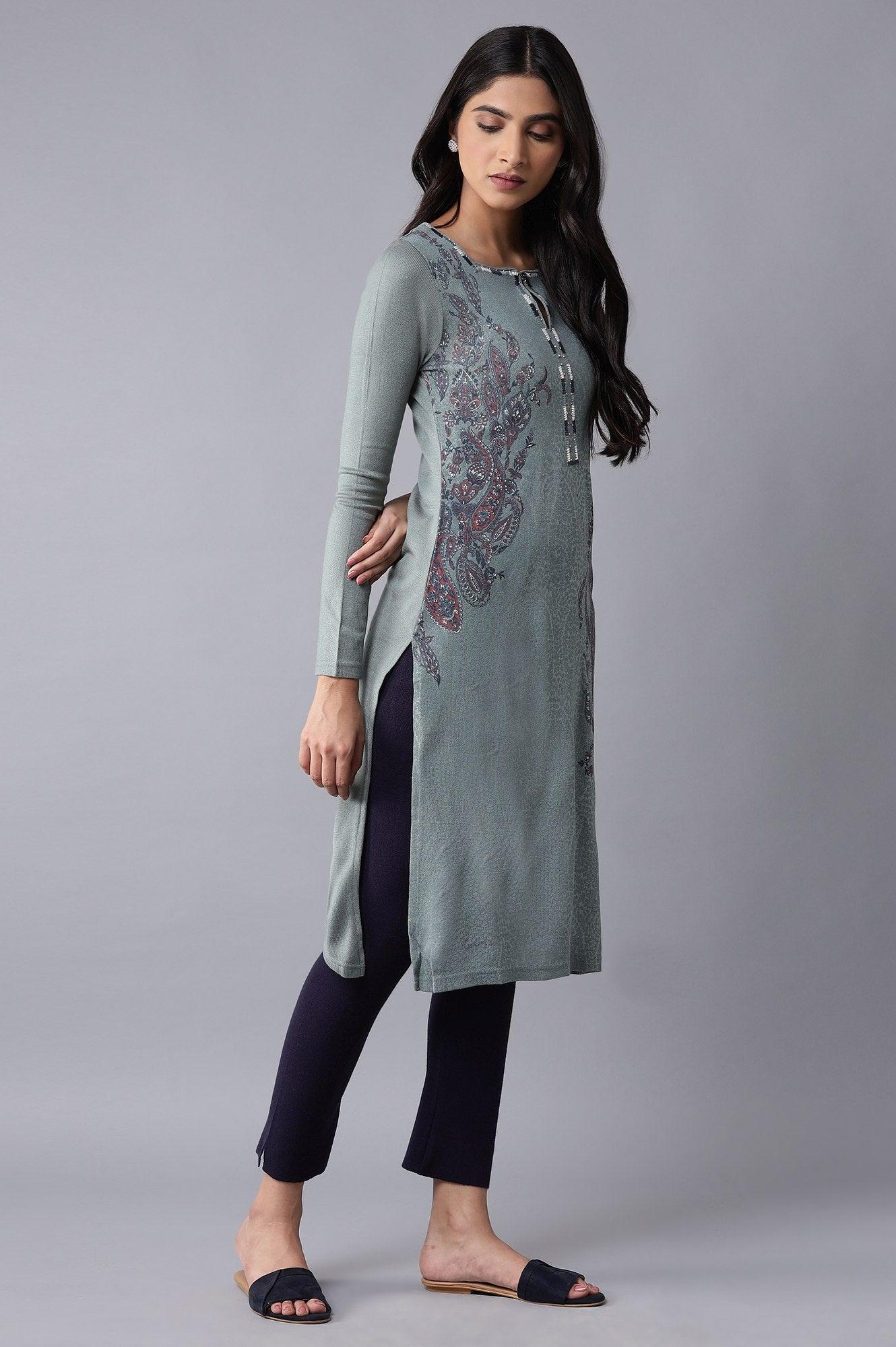 Light Blue Embroidered A-line kurta - wforwoman