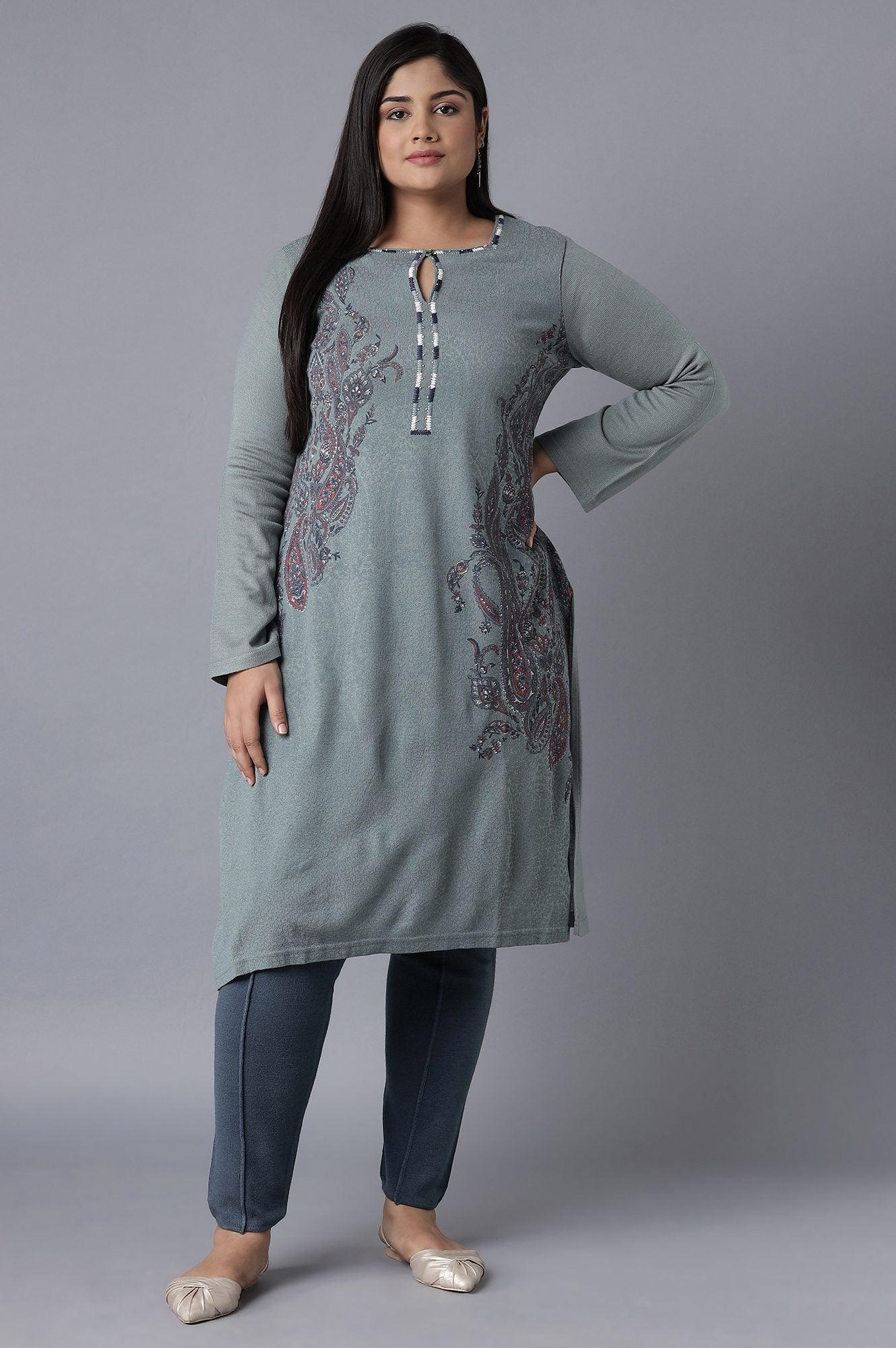 Light Blue Embroidered A-line kurta - wforwoman