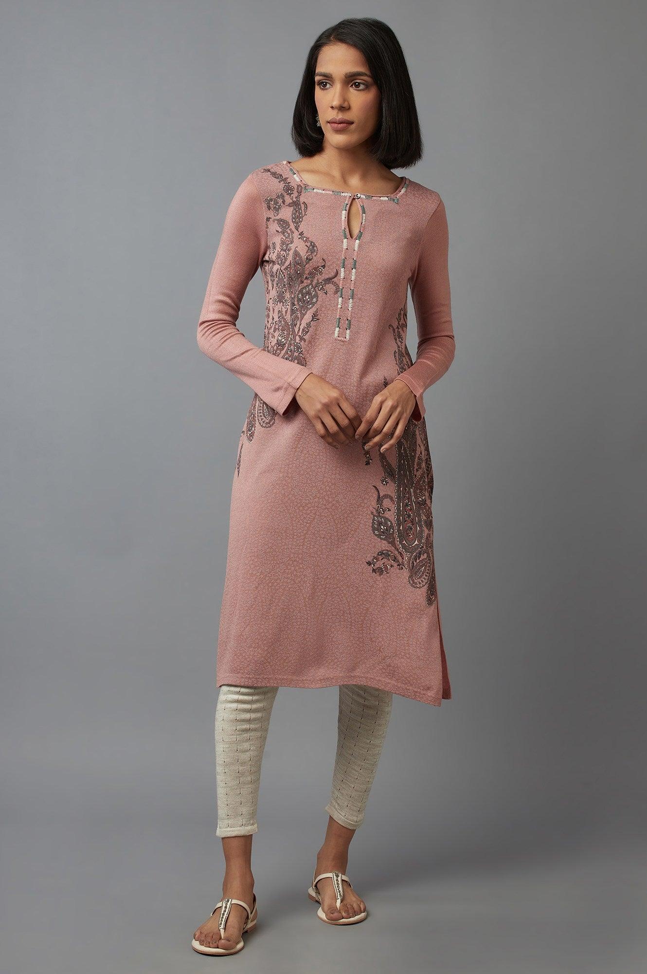 Pink Embroidered A-line kurta - wforwoman