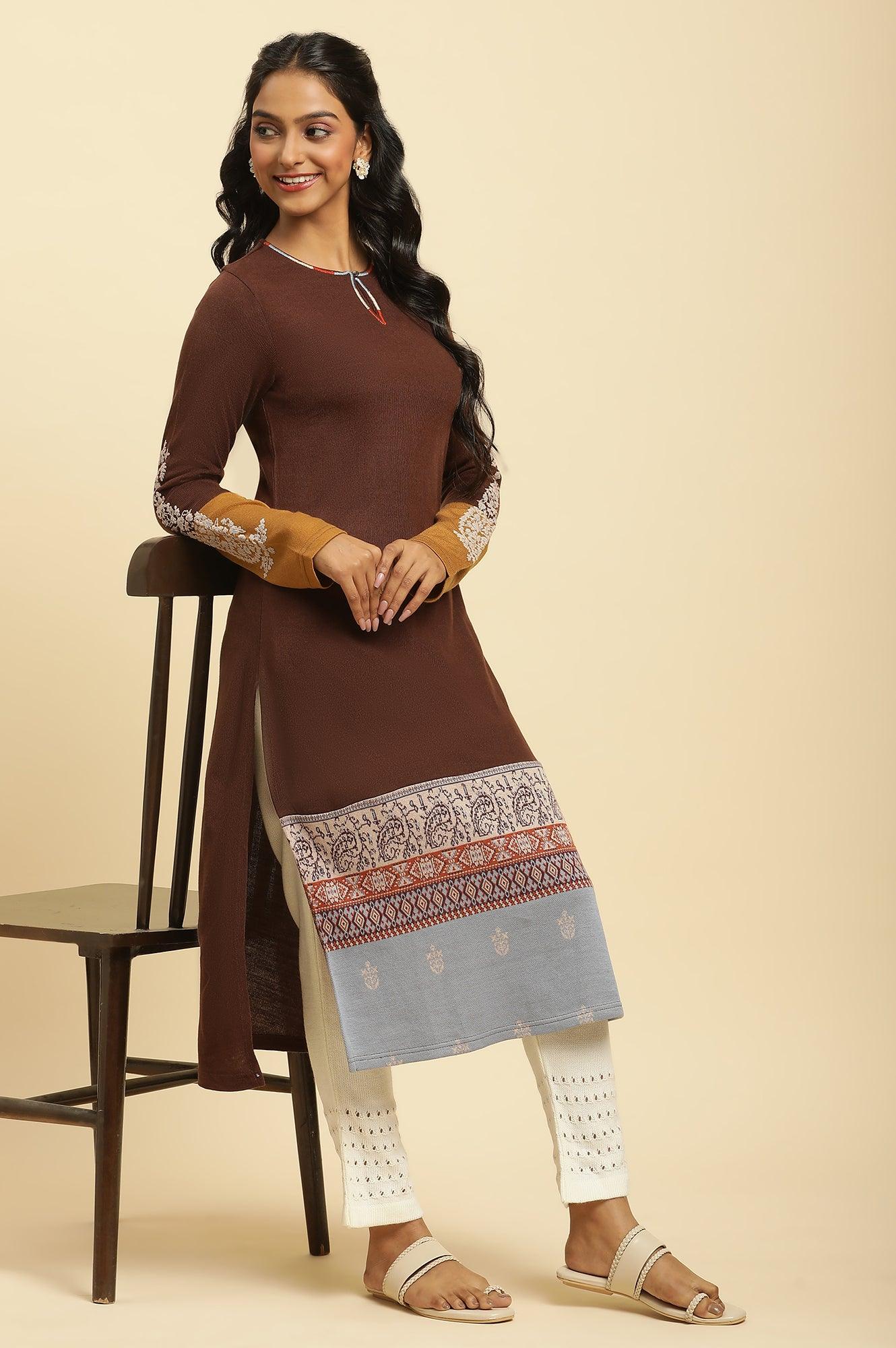 Brown Colour Block Kurta - wforwoman