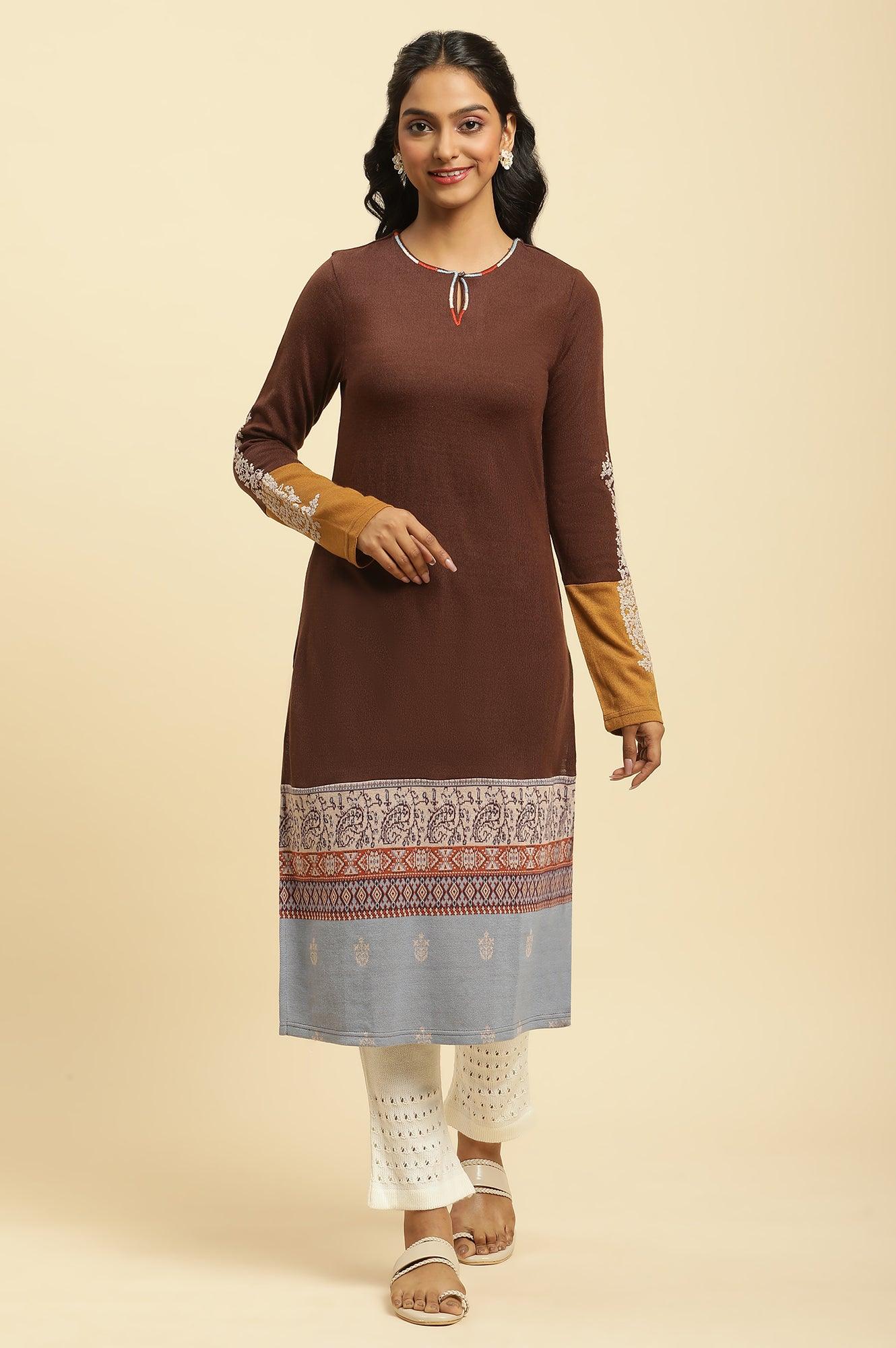 Brown Colour Block Kurta - wforwoman