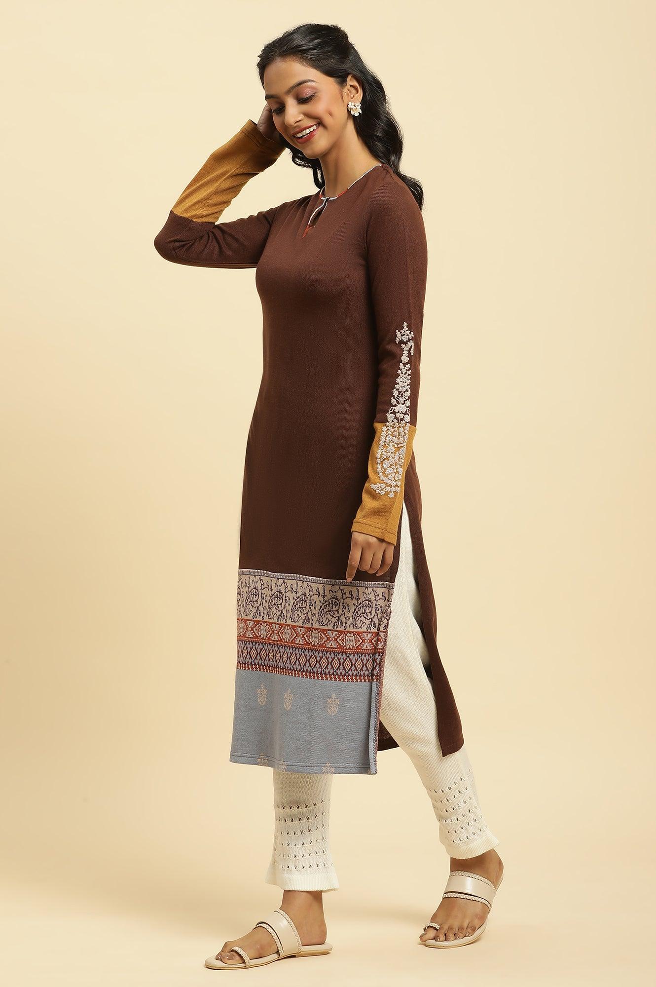 Brown Colour Block Kurta - wforwoman