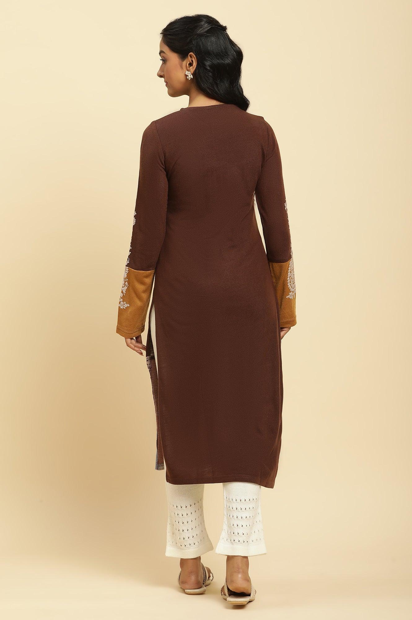 Brown Colour Block Kurta - wforwoman