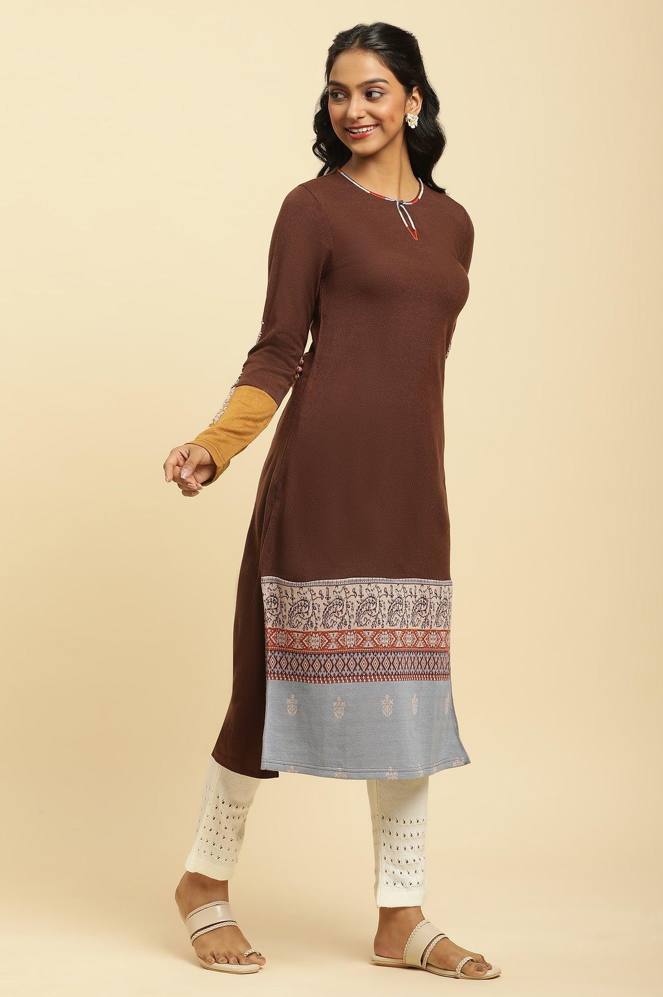 Brown Colour Block Kurta - wforwoman