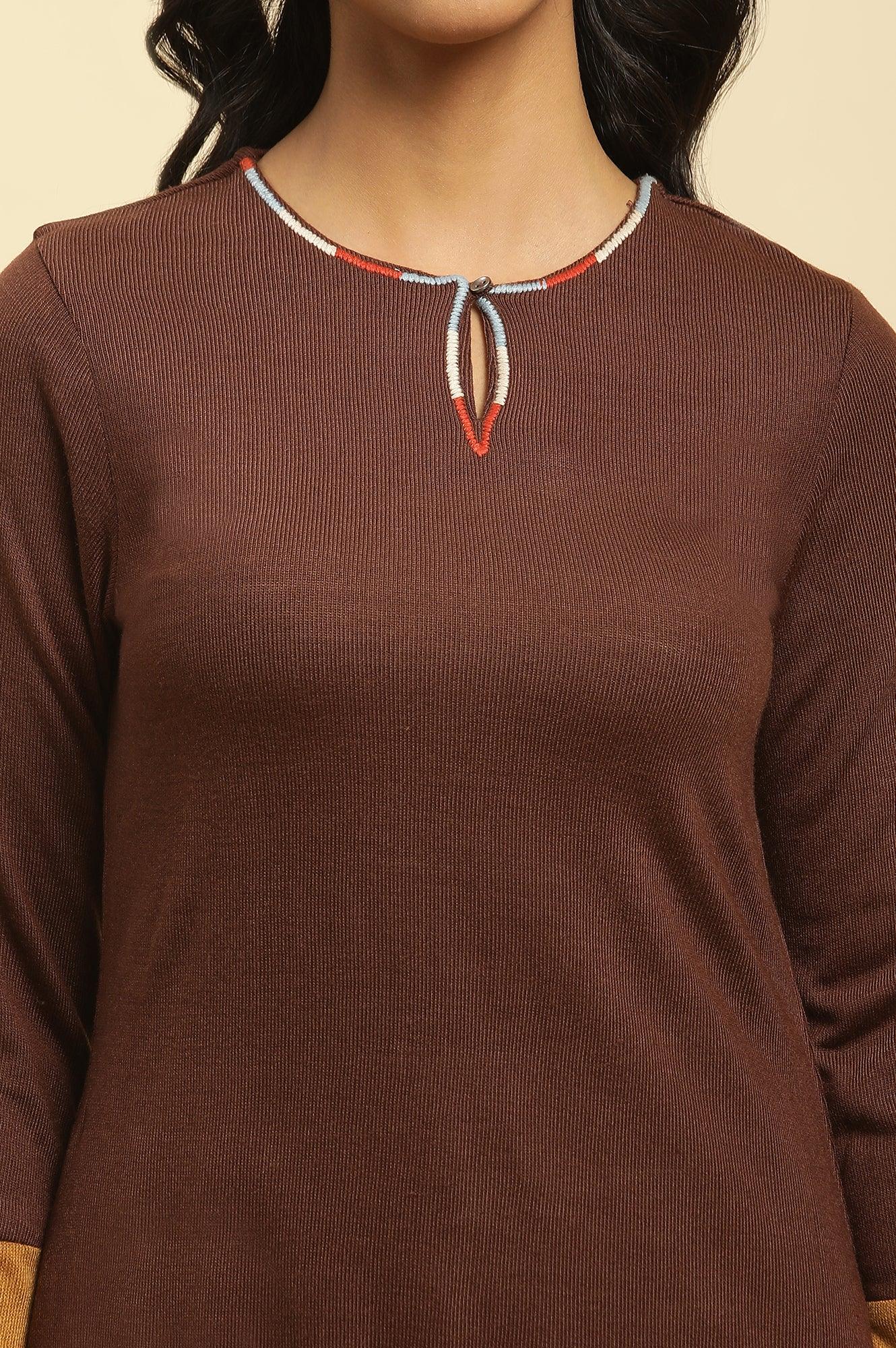 Brown Colour Block Kurta - wforwoman