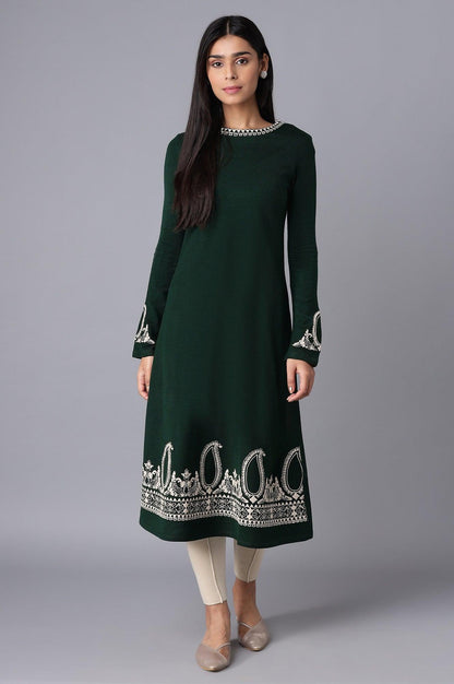 Bottle Green Jacquard Flared kurta - wforwoman