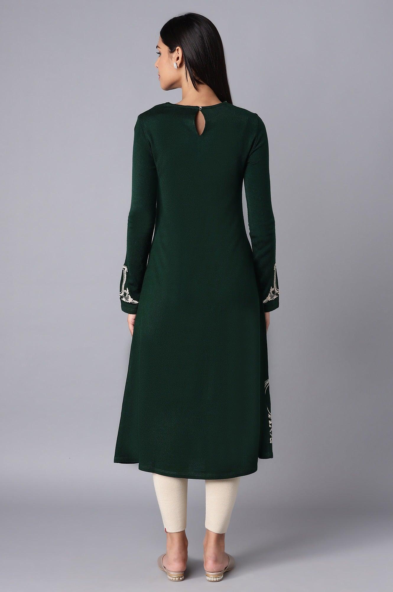 Bottle Green Jacquard Flared kurta - wforwoman