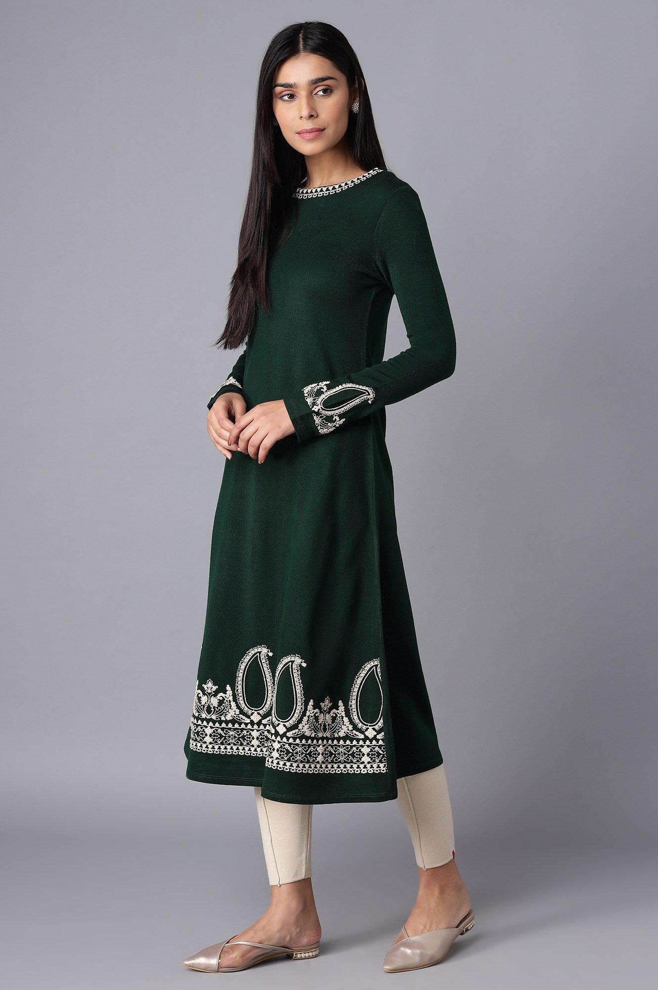 Bottle Green Jacquard Flared kurta - wforwoman