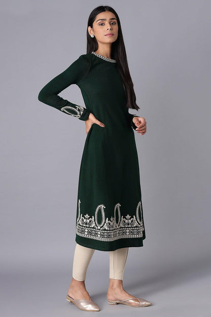 Bottle Green Jacquard Flared kurta - wforwoman