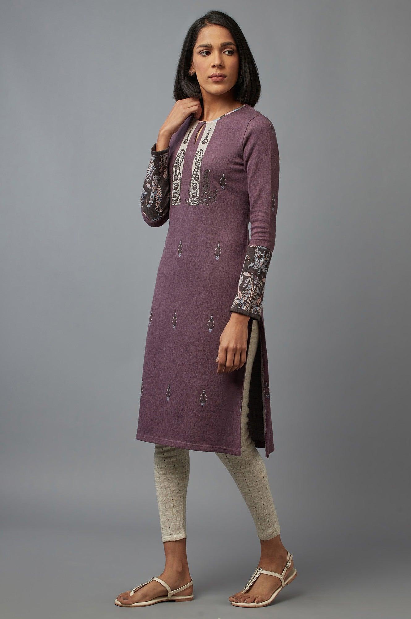 Purple Paisley Winter kurta - wforwoman