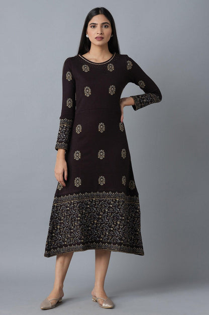 Dark Purple Embroidered Winter Dress - wforwoman