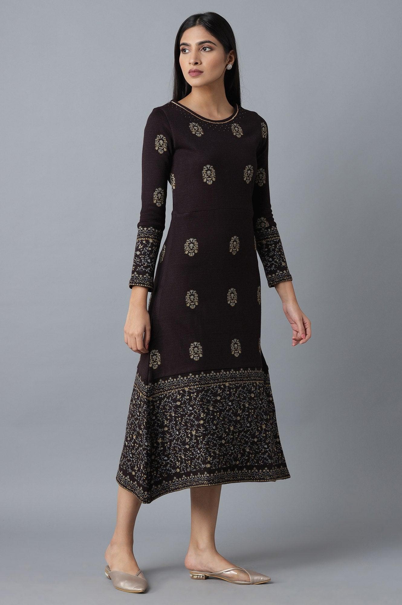 Dark Purple Embroidered Winter Dress - wforwoman