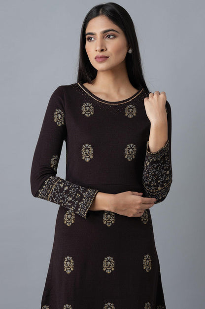 Dark Purple Embroidered Winter Dress - wforwoman