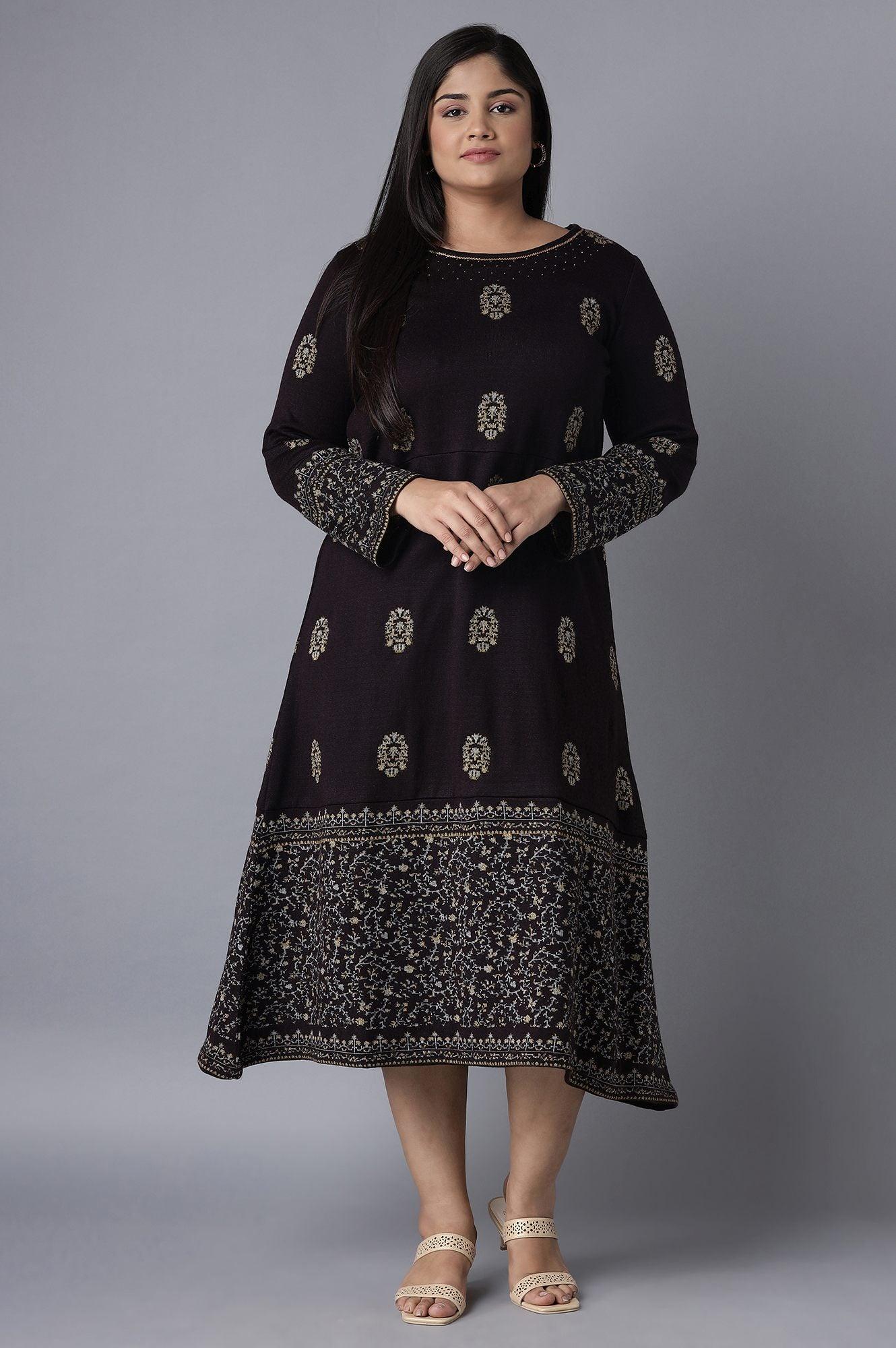 Dark Purple Embroidered Winter Dress - wforwoman