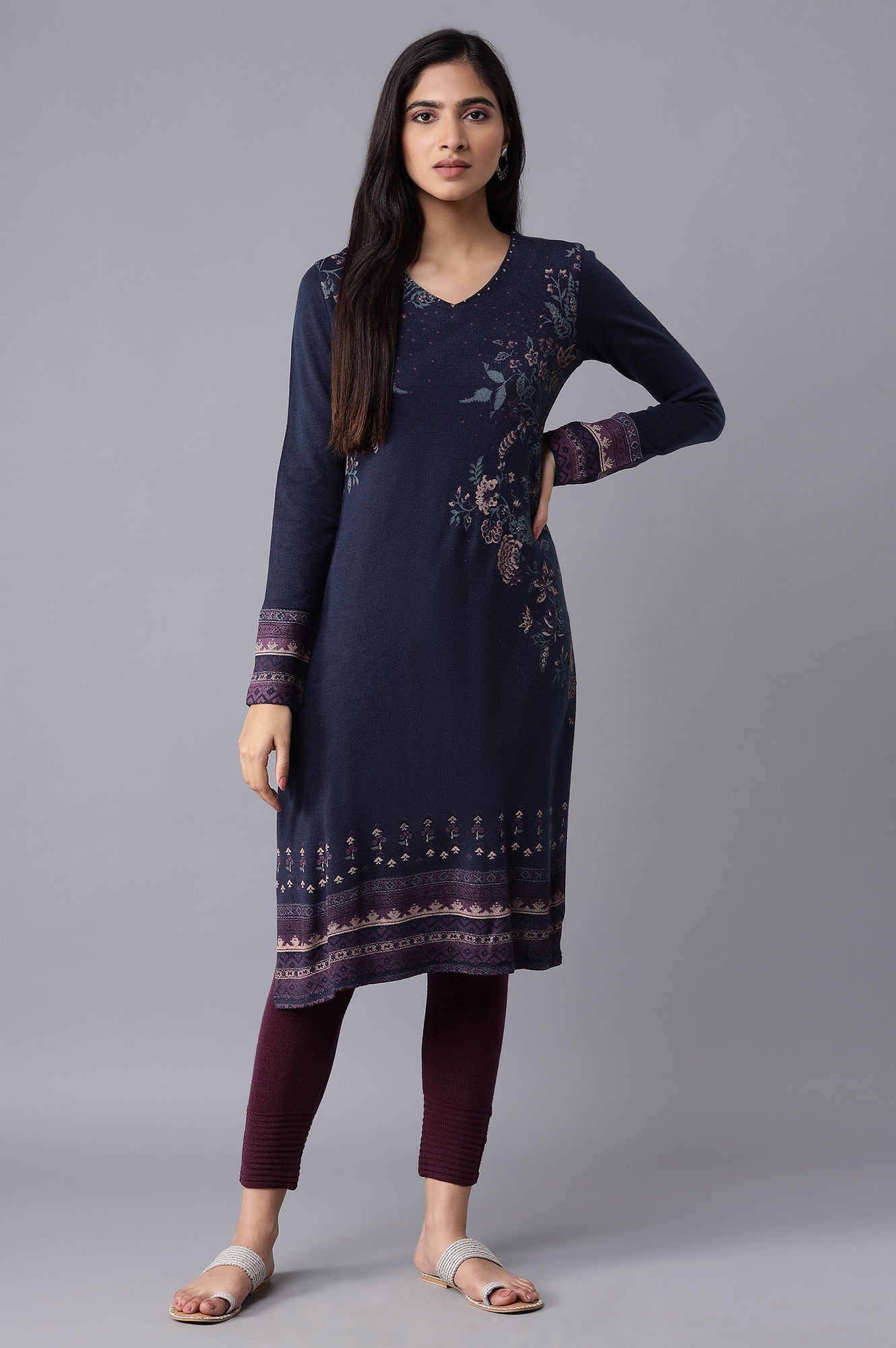 Dark Blue Floral Winter kurta