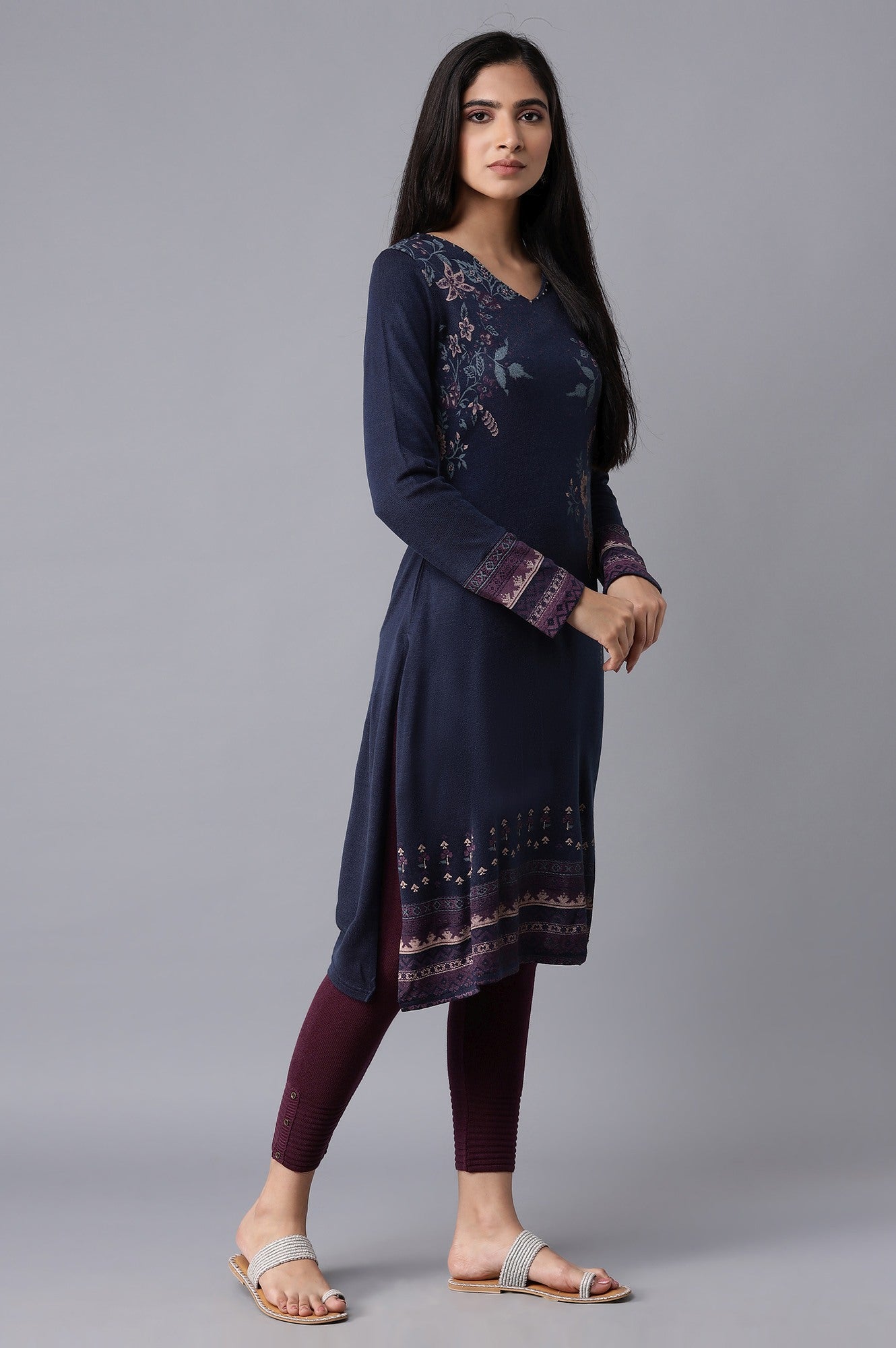 Dark Blue Floral Winter kurta