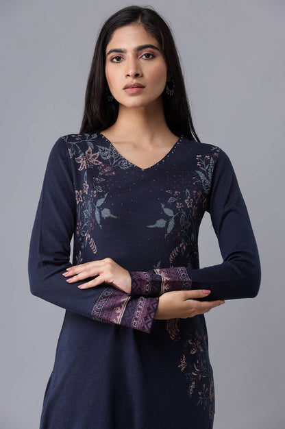 Dark Blue Floral Winter kurta