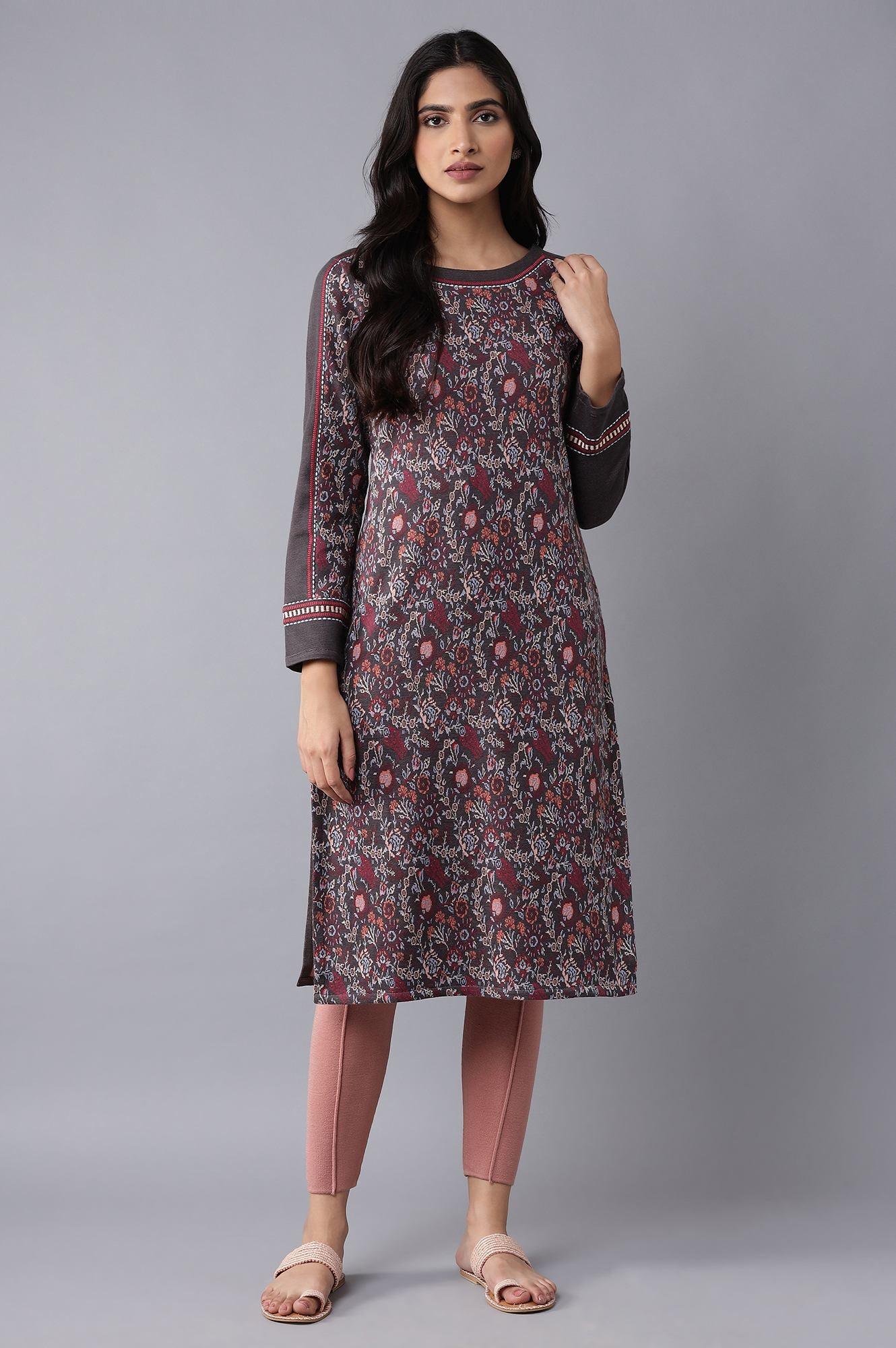 Dark Grey Floral Acrylic kurta - wforwoman