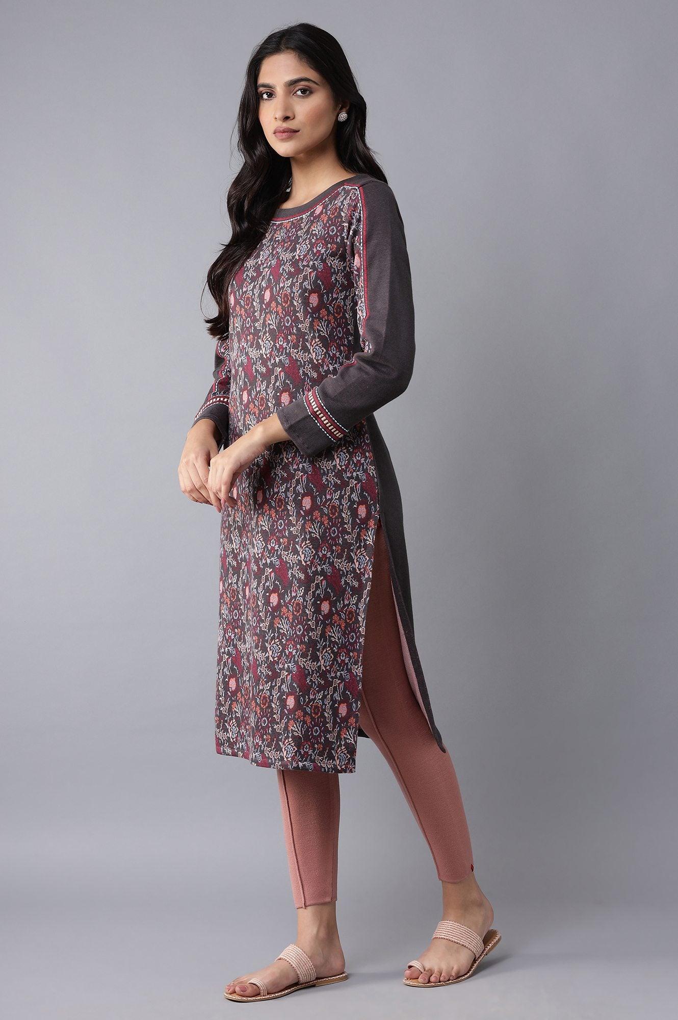 Dark Grey Floral Acrylic kurta - wforwoman