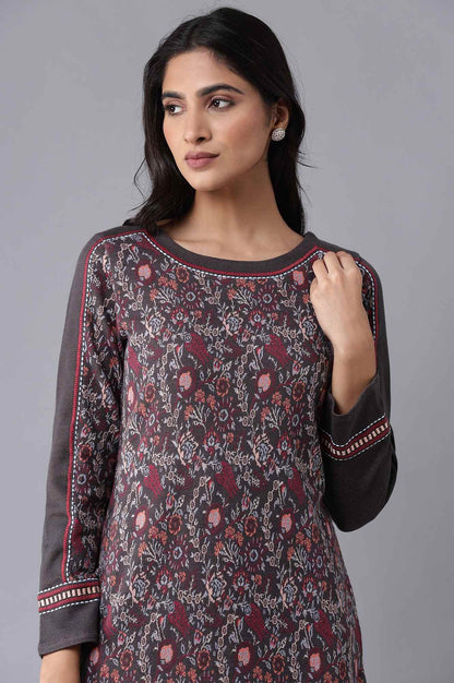 Dark Grey Floral Acrylic kurta - wforwoman